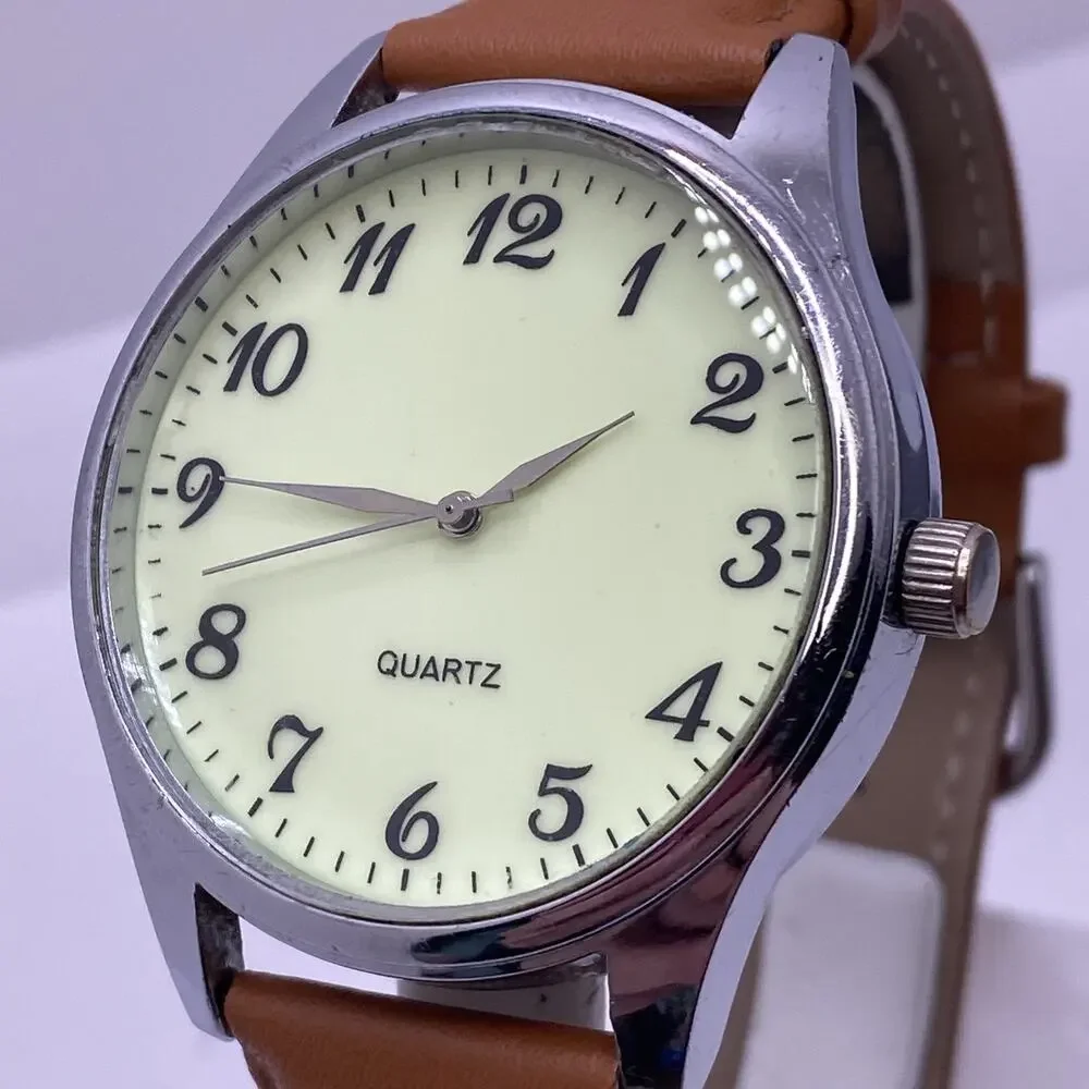 Mens Full Glow Brown Leather Watch New Battery